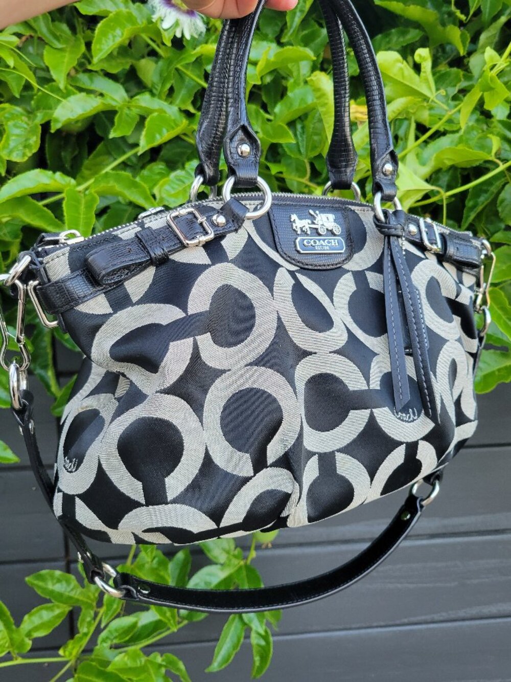Y2K Vintage COACH MADISON SOPHIA OPTIC BLACK GRAY CANVAS SATCHEL PURSE - Picture 2 of 10